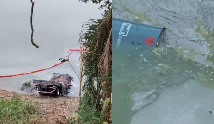 Caminhão que levava família e caiu dentro de represa na RMC estava carregado com 5 mil litros de material tóxico