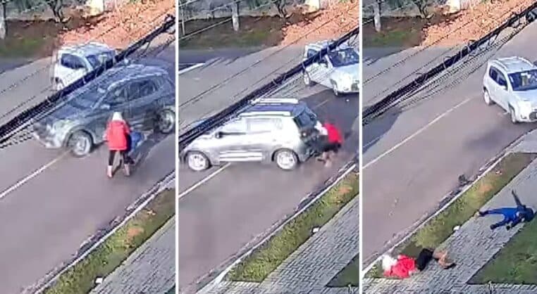Carros batem em cruzamento e mulher e criança que atravessavam a rua são atropeladas, em Curitiba