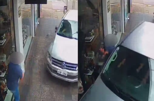 Pedestre escapa por pouco de ser atropelado por caminhonete em calçada, no PR