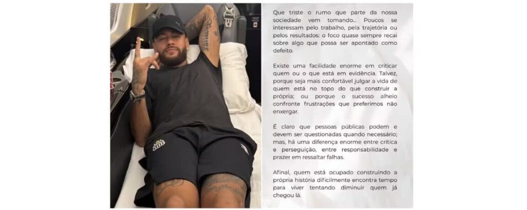Neymar compartilha desabafo após troca de ofensas: ‘Confortável julgar a vida de quem está no topo’