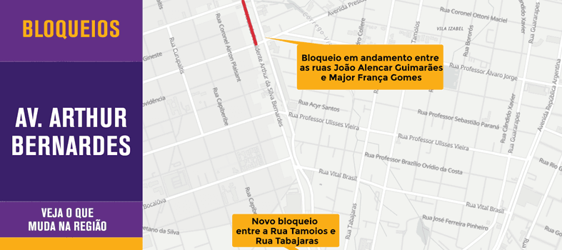 Arthur Bernardes tem bloqueio de uma quadra entre as ruas Tamoios e Tabajaras