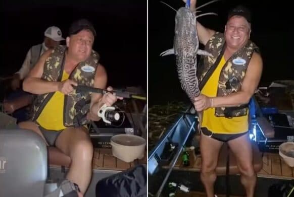 Leonardo canta de sunga em pescaria no Pantanal, e web reage: ‘Panturrilha tá em dia’