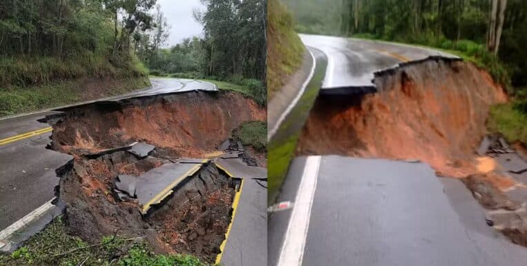 Erosão faz asfalto ‘desabar’ e deixa cidade da Adrianópolis isolada