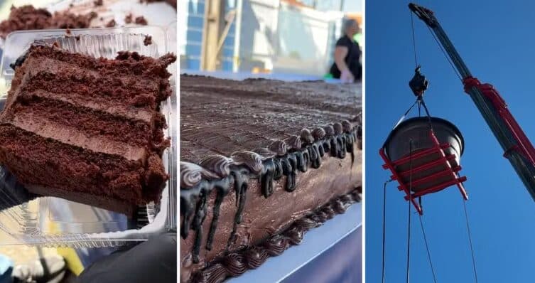 Confeiteira do Paraná faz bolo gigante de 2 toneladas e despeja 600 litros de calda com ajuda de guindaste