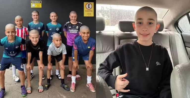 Colegas de time raspam a cabeça para apoiar menino de 10 anos com câncer e revelam surpresa por chamada de vídeo