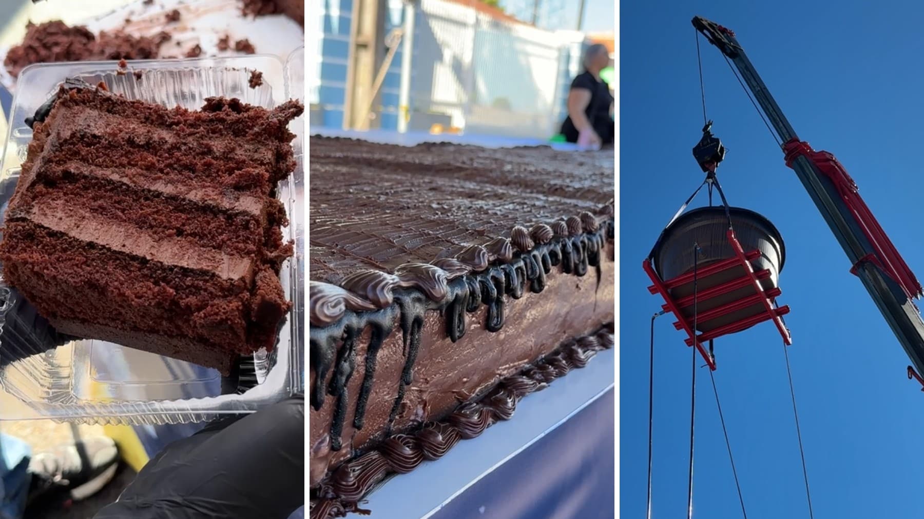 Confeiteira do Paraná faz bolo gigante de 2 toneladas e despeja 600 litros de calda com ajuda de mangueiras, caixa d'água e guindaste